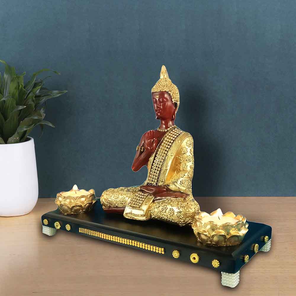 Brown Meditating Buddha Statue With Wooden Tray